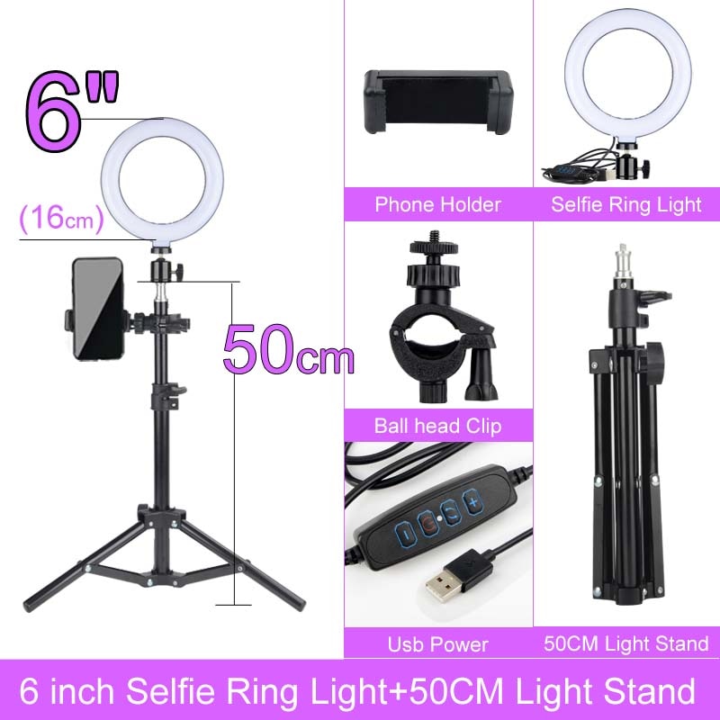 Gift 6 8 10 12 Inch Dimmable LED Selfie Ring Light with Stand 160cm Lamp Photography Ringlight Phone Studio Desktop