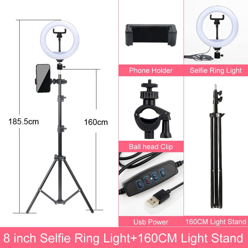 Gift 6 8 10 12 Inch Dimmable LED Selfie Ring Light with Stand 160cm Lamp Photography Ringlight Phone Studio Desktop