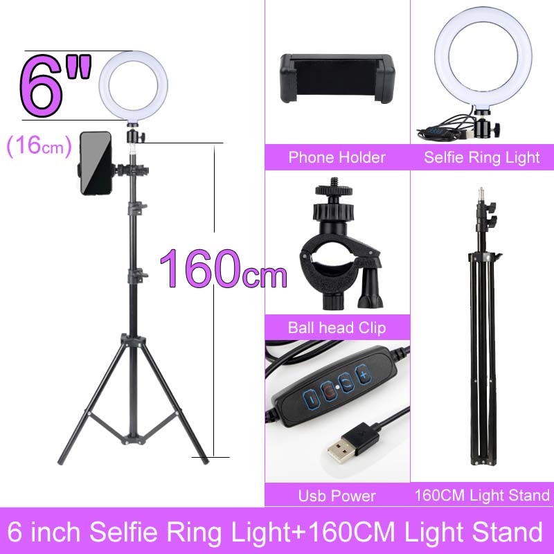 Gift 6 8 10 12 Inch Dimmable LED Selfie Ring Light with Stand 160cm Lamp Photography Ringlight Phone Studio Desktop