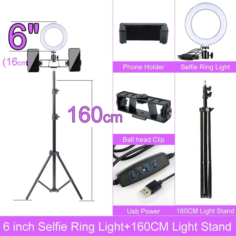 Gift 6 8 10 12 Inch Dimmable LED Selfie Ring Light with Stand 160cm Lamp Photography Ringlight Phone Studio Desktop