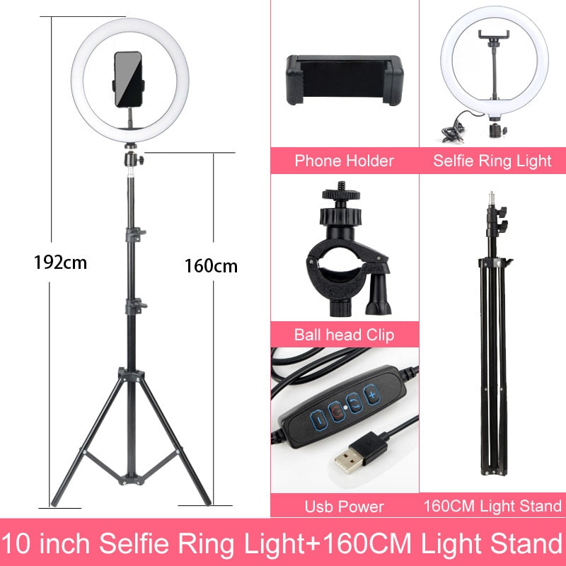 Gift 6 8 10 12 Inch Dimmable LED Selfie Ring Light with Stand 160cm Lamp Photography Ringlight Phone Studio Desktop