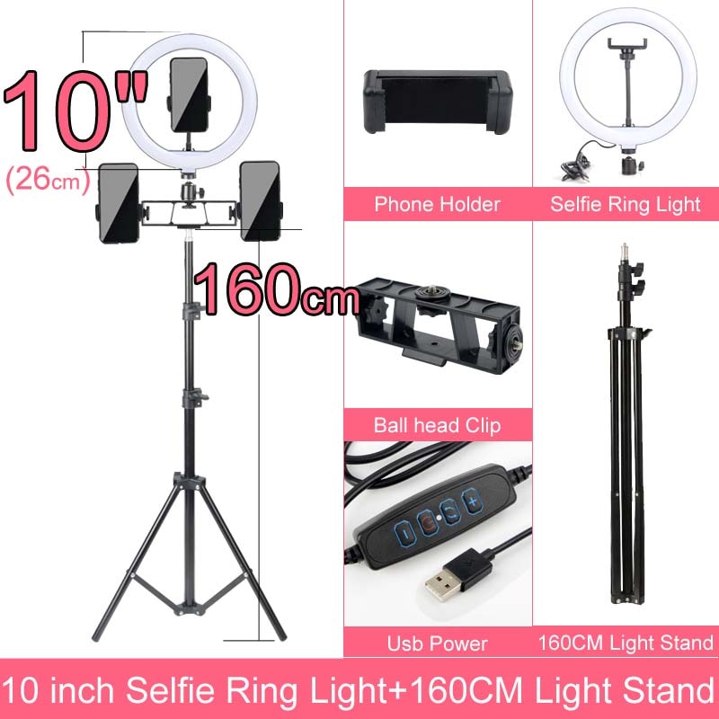 Gift 6 8 10 12 Inch Dimmable LED Selfie Ring Light with Stand 160cm Lamp Photography Ringlight Phone Studio Desktop
